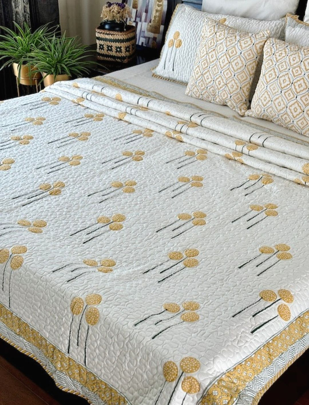 Blossom Handblocked Printed Quilted Bedcover With 2 Quilted Pillow Covers