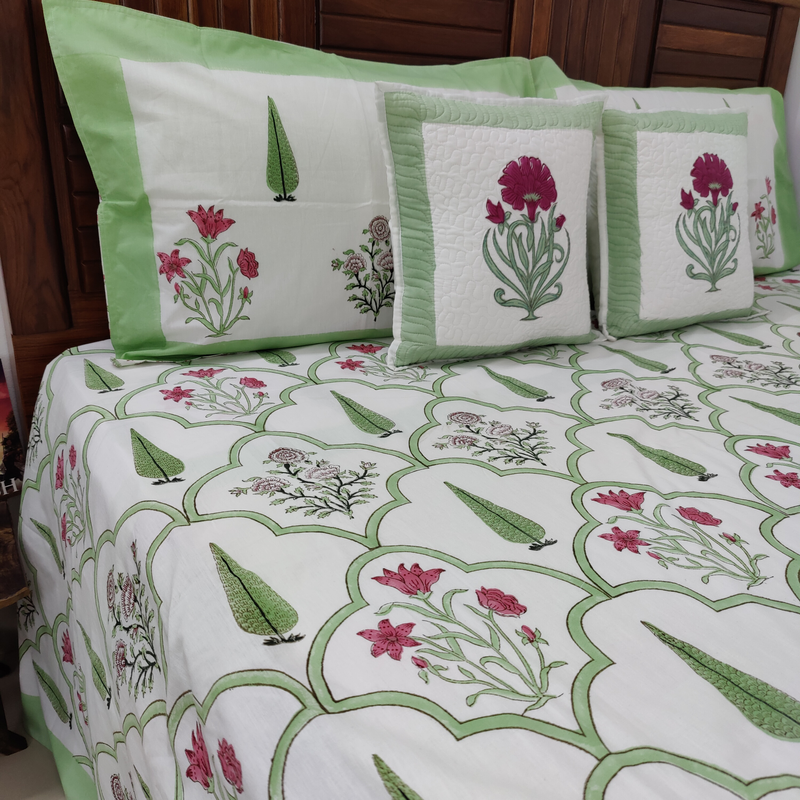 SPRING GREEN - Hand Block Printed Bedsheet with 2 Reversible Pillow Covers