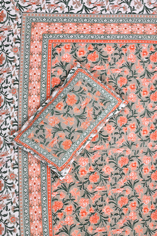 Pure Cotton Jaipuri Print Single Bedsheet with Pillow Cover (100% Cotton, Orange, 240 TC)